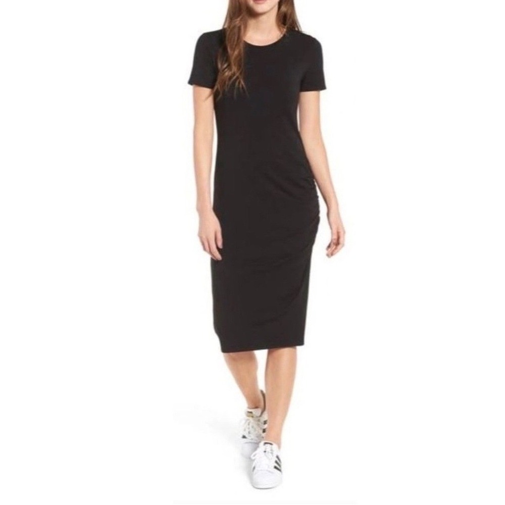 Treasure Bond Black Ruched Midi Dress Sz XS Minimalist Goth Capsule LBD Stretch
